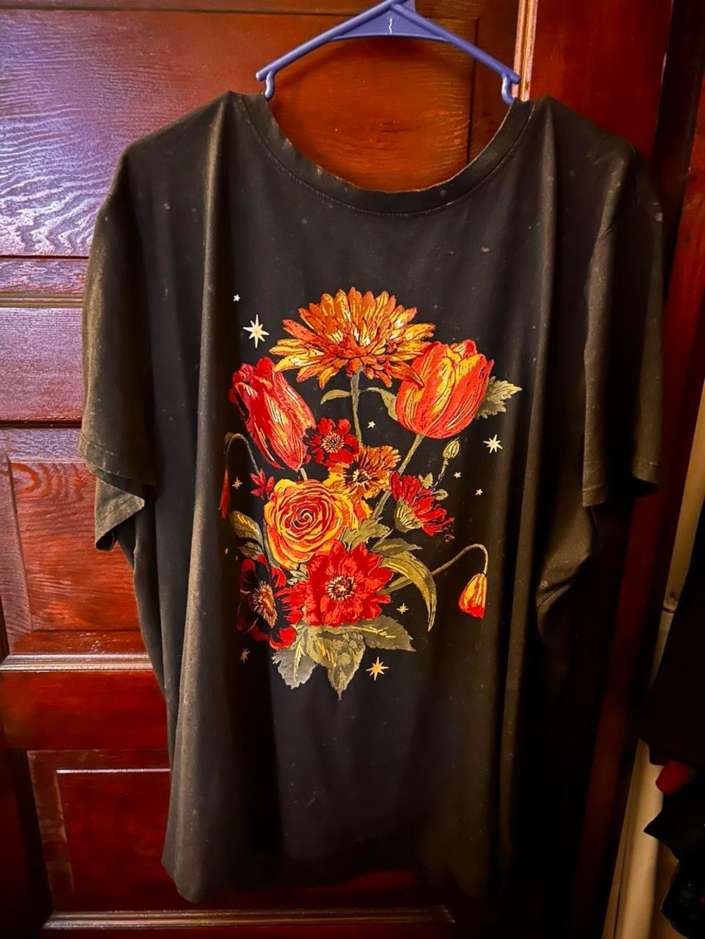 Maurices Black Floral Graphic Tee with Red and Orange Bouquet